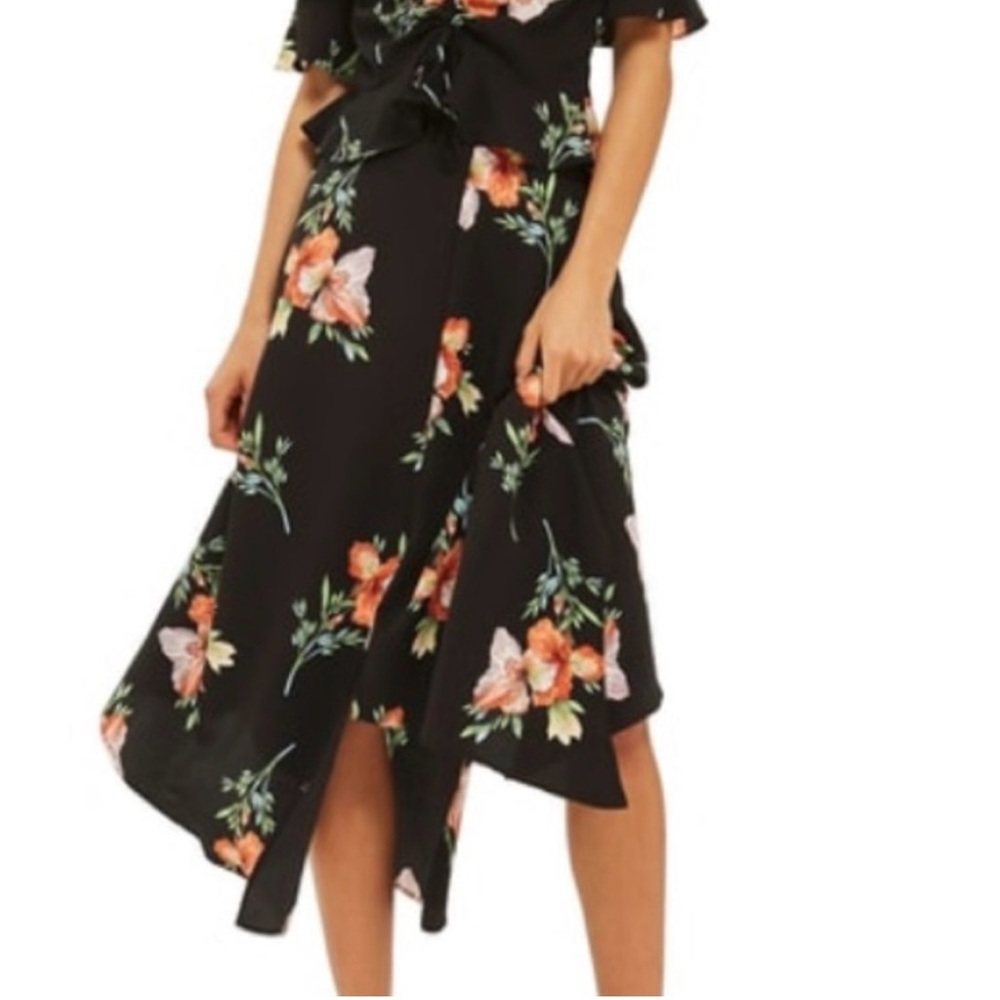 TopShop Black Orange Floral Sharkbite Midi Iris Print Full Skirt Size 10